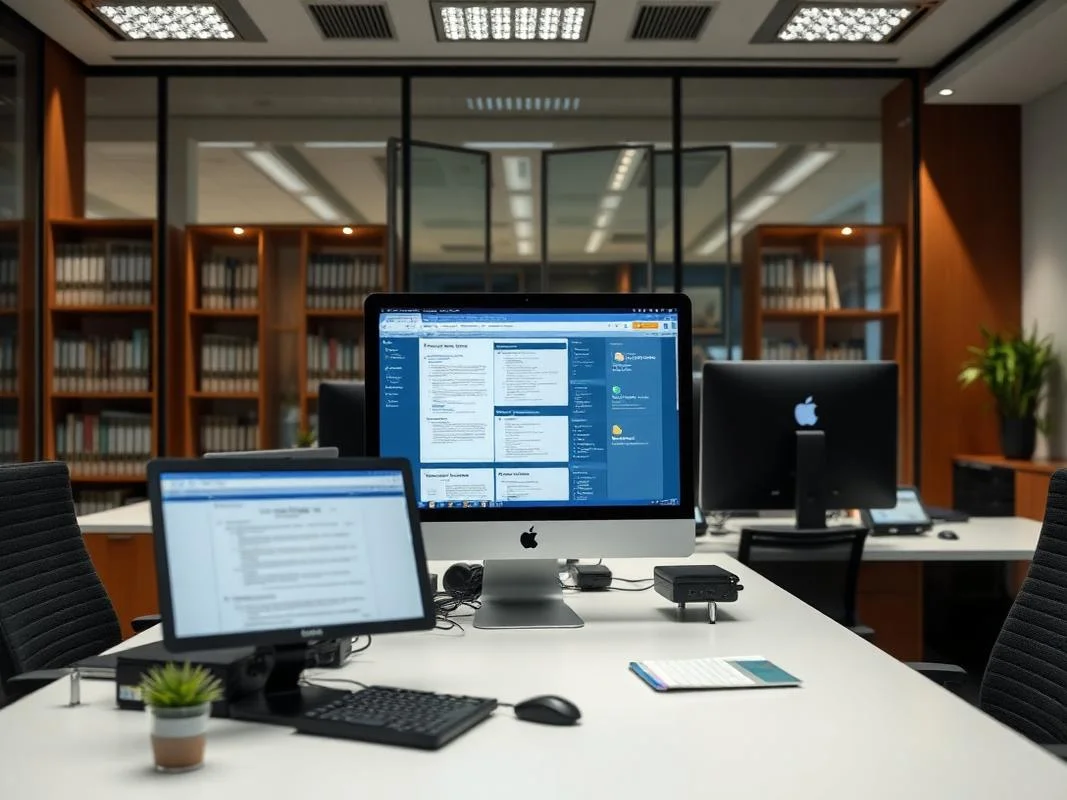 Moderne juridische workspace met laptops en notities